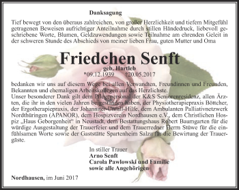 Traueranzeige von Friedchen Senft von Thüringer Allgemeine