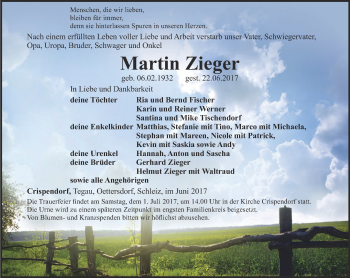 Traueranzeige von Martin Zieger von Ostthüringer Zeitung