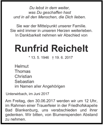 Traueranzeige von Runfrid Reichelt von Ostthüringer Zeitung