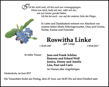 Traueranzeige von Roswitha Linke von Thüringer Allgemeine, Thüringische Landeszeitung