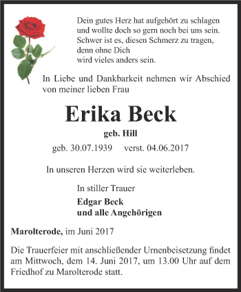 Traueranzeige von Erika Beck von Thüringer Allgemeine, Thüringische Landeszeitung