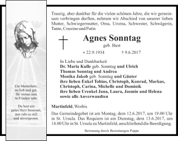 Traueranzeige von Agnes Sonntag von Thüringer Allgemeine