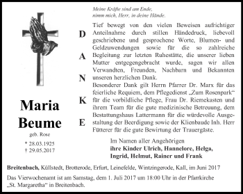 Traueranzeige von Maria Beume von Thüringer Allgemeine