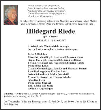 Traueranzeige von Hildegard Riede von Ostthüringer Zeitung, Thüringische Landeszeitung