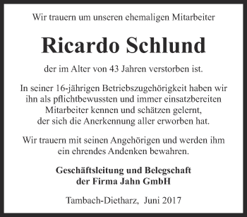 Traueranzeige von Ricardo Schlund von Ostthüringer Zeitung, Thüringische Landeszeitung