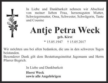 Traueranzeige von Antje Petra Weck von Thüringer Allgemeine, Thüringische Landeszeitung