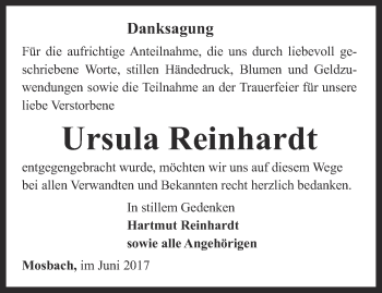 Traueranzeige von Ursula Reinhardt von Thüringer Allgemeine, Thüringische Landeszeitung