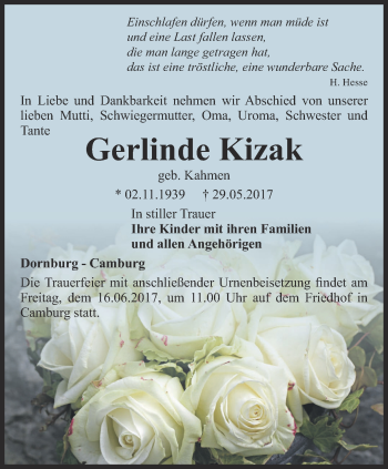 Traueranzeige von Gerlinde Kizak von Ostthüringer Zeitung