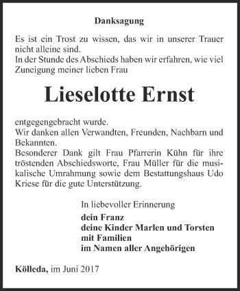 Traueranzeige von Lieselotte Ernst von Thüringer Allgemeine
