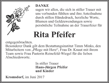 Traueranzeige von Rita Pfeifer von Thüringer Allgemeine, Thüringische Landeszeitung