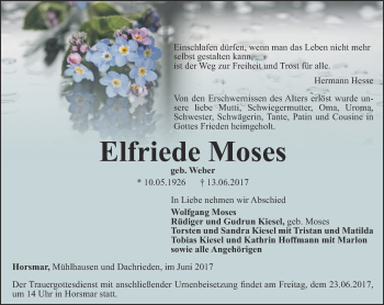 Traueranzeige von Elfriede Moses von Thüringer Allgemeine, Thüringische Landeszeitung