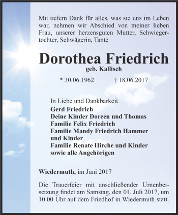 Traueranzeige von Dorothea Friedrich von Thüringer Allgemeine