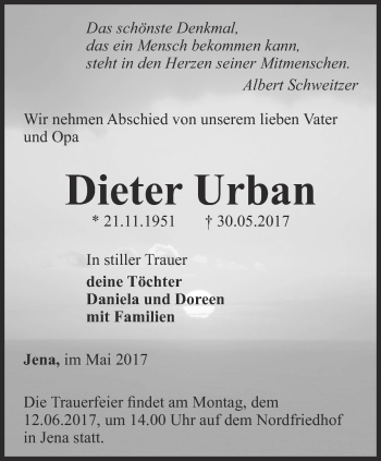 Traueranzeige von Dieter Urban von Ostthüringer Zeitung, Thüringische Landeszeitung