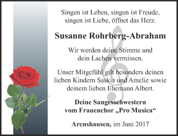 Traueranzeige von Susanne Rohrberg-Abraham von Thüringer Allgemeine