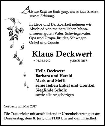 Traueranzeige von Klaus Deckwert von Thüringer Allgemeine, Thüringische Landeszeitung