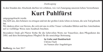Traueranzeige von Kurt Puhlfürst von Ostthüringer Zeitung