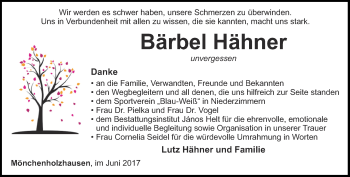 Traueranzeige von Bärbel Hähner von Thüringer Allgemeine, Thüringische Landeszeitung