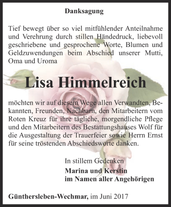 Traueranzeige von Lisa Himmelreich von Ostthüringer Zeitung, Thüringische Landeszeitung