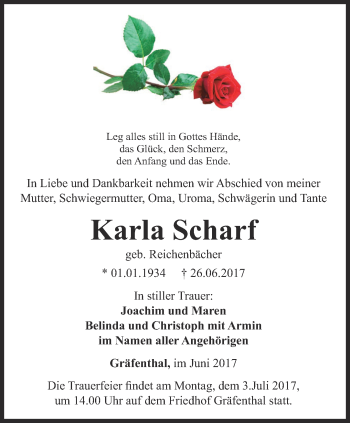 Traueranzeige von Karla Scharf von Ostthüringer Zeitung