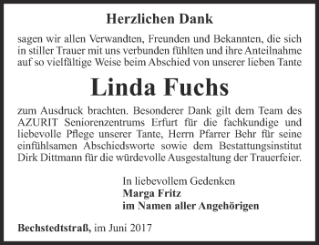 Traueranzeige von Linda Fuchs von Thüringer Allgemeine, Thüringische Landeszeitung