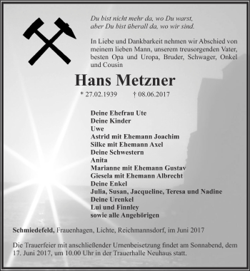 Traueranzeige von Hans Metzner von Ostthüringer Zeitung