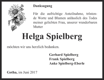 Traueranzeige von Helga Spielberg von Ostthüringer Zeitung, Thüringische Landeszeitung