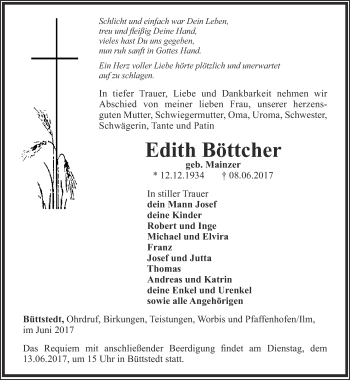 Traueranzeige von Edith Böttcher von Thüringer Allgemeine