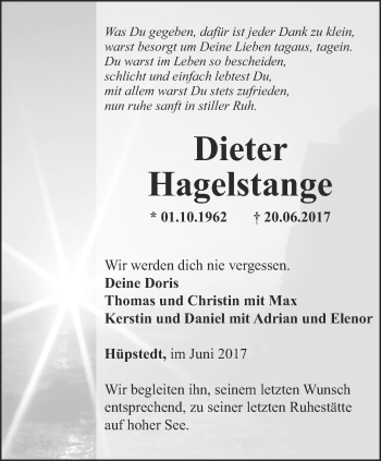 Traueranzeige von Dieter Hagelstange von Thüringer Allgemeine, Thüringische Landeszeitung