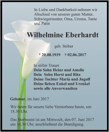 Traueranzeige von Wilhelmine Eberhardt von Thüringer Allgemeine