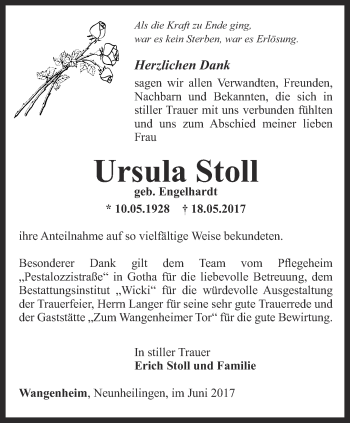 Traueranzeige von Ursula Stoll von Ostthüringer Zeitung, Thüringische Landeszeitung