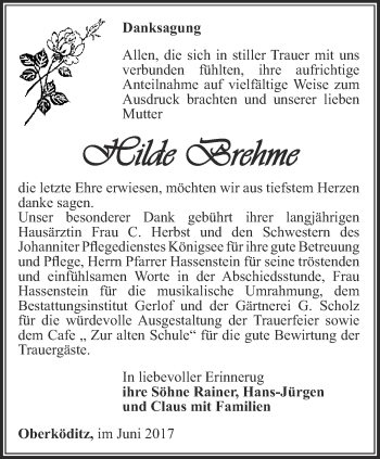 Traueranzeige von Hilde Brehme von Ostthüringer Zeitung