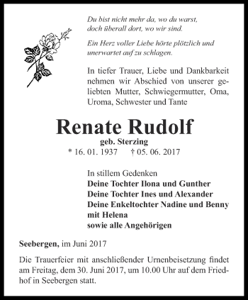 Traueranzeige von Renate Rudolf von Ostthüringer Zeitung, Thüringische Landeszeitung