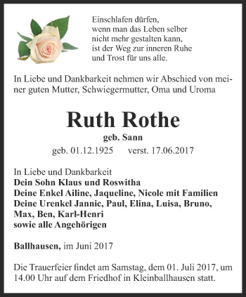 Traueranzeige von Ruth Rothe von Thüringer Allgemeine, Thüringische Landeszeitung