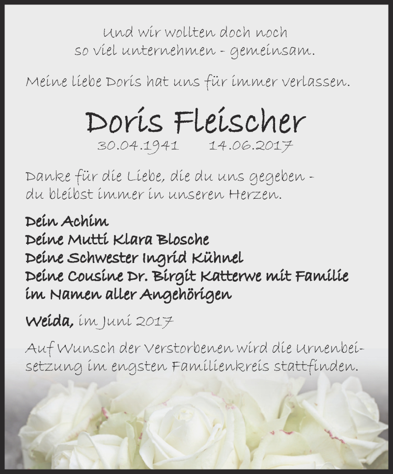  Traueranzeige für Doris Fleischer vom 17.06.2017 aus Ostthüringer Zeitung