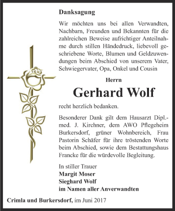 Traueranzeige von Gerhard Wolf von Ostthüringer Zeitung