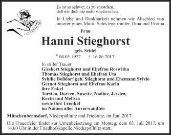 Traueranzeige von Hanni Stieghorst von Ostthüringer Zeitung