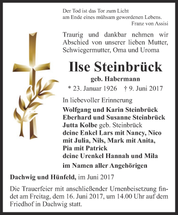 Traueranzeige von Ilse Steinbrück von Thüringer Allgemeine, Thüringische Landeszeitung