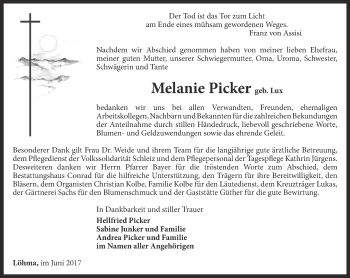 Traueranzeige von Melanie Picker von Ostthüringer Zeitung