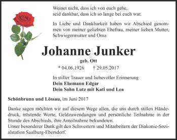 Traueranzeige von Johanne Junker von Ostthüringer Zeitung