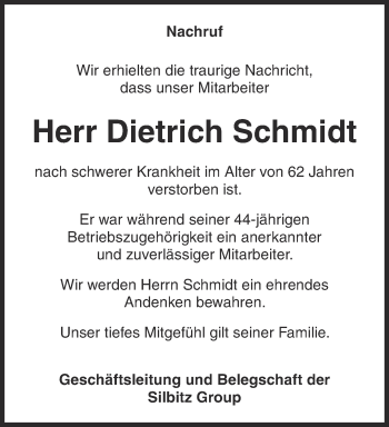 Traueranzeige von Dietrich Schmidt von Ostthüringer Zeitung