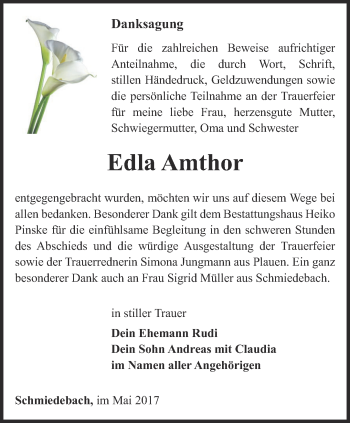 Traueranzeige von Edla Amthor von Ostthüringer Zeitung