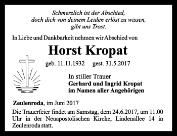 Traueranzeige von Horst Kropat von Ostthüringer Zeitung