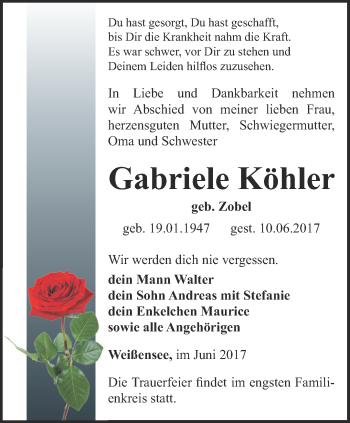 Traueranzeige von Gabriele Köhler von Thüringer Allgemeine