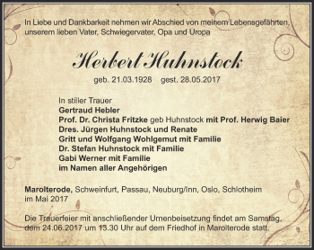 Traueranzeige von Herbert Huhnstock von Thüringer Allgemeine, Thüringische Landeszeitung