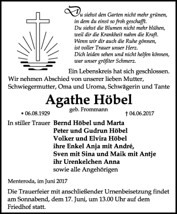 Traueranzeige von Agathe Höbel von Thüringer Allgemeine, Thüringische Landeszeitung