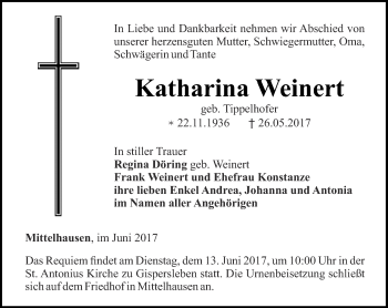 Traueranzeige von Katharina Weinert von Thüringer Allgemeine, Thüringische Landeszeitung