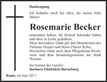 Traueranzeige von Rosemarie Becker von Thüringer Allgemeine, Thüringische Landeszeitung