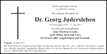 Traueranzeige von Georg Judersleben von Ostthüringer Zeitung, Thüringische Landeszeitung