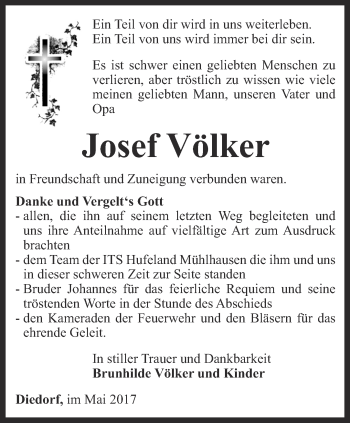 Traueranzeige von Josef Völker von Thüringer Allgemeine, Thüringische Landeszeitung