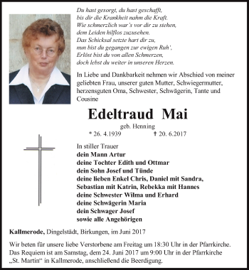 Traueranzeige von Edeltraud Mai von Thüringer Allgemeine